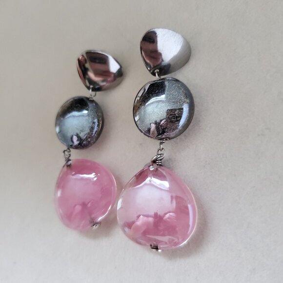 ANTICA MURRINA Murano Glass Dangly Drop Earrings Candy Pink Gunmetal Foil Silver - Picture 4 of 7